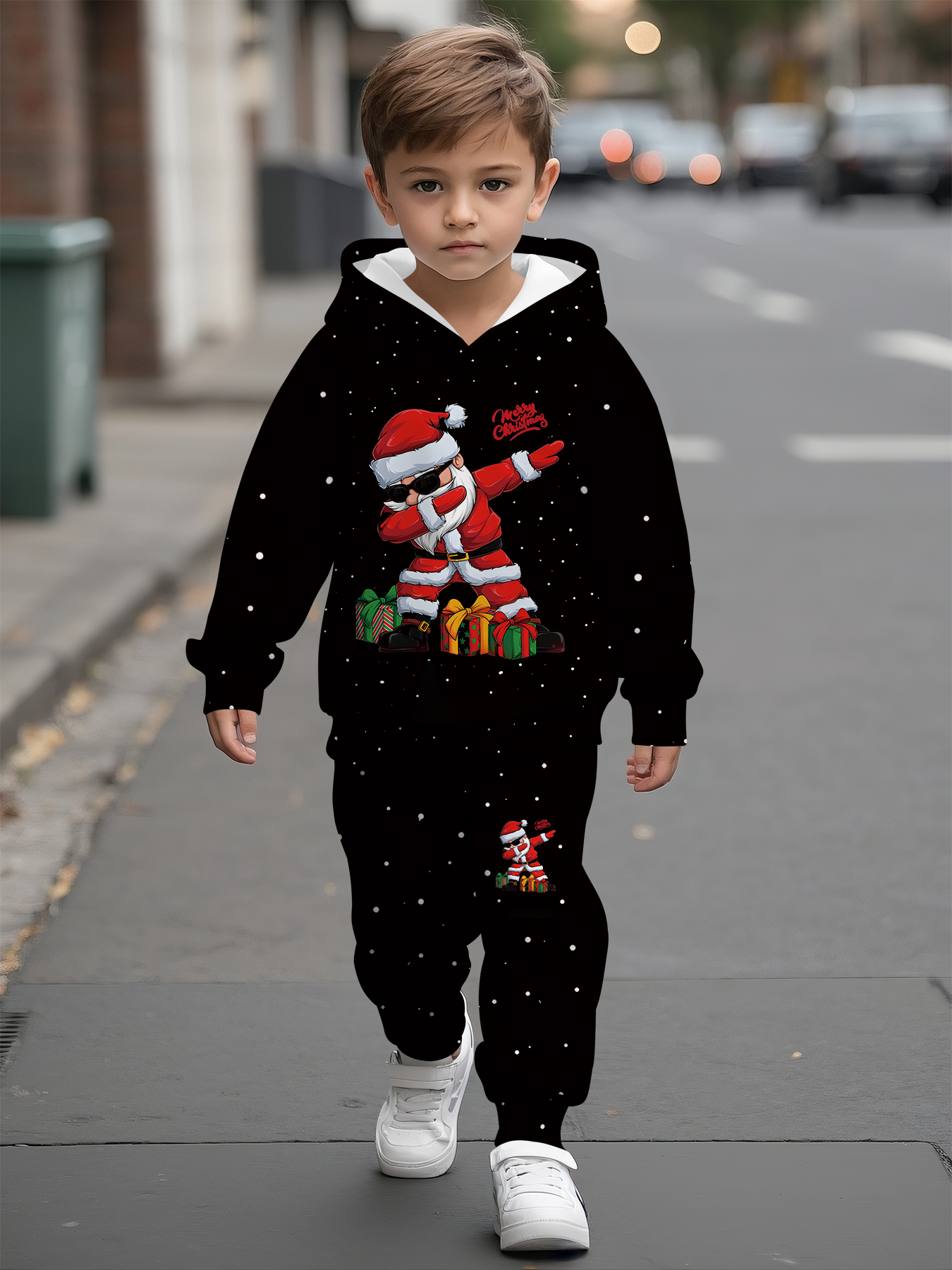 Kersthoodieset voor Jongens en Meisjes, Modebril met Kerstman en Sneeuwvlok Patroon Ontwerp, Lente/Herfst Buitensport Casual Comfortabele Outfit, Perfect voor Buiten