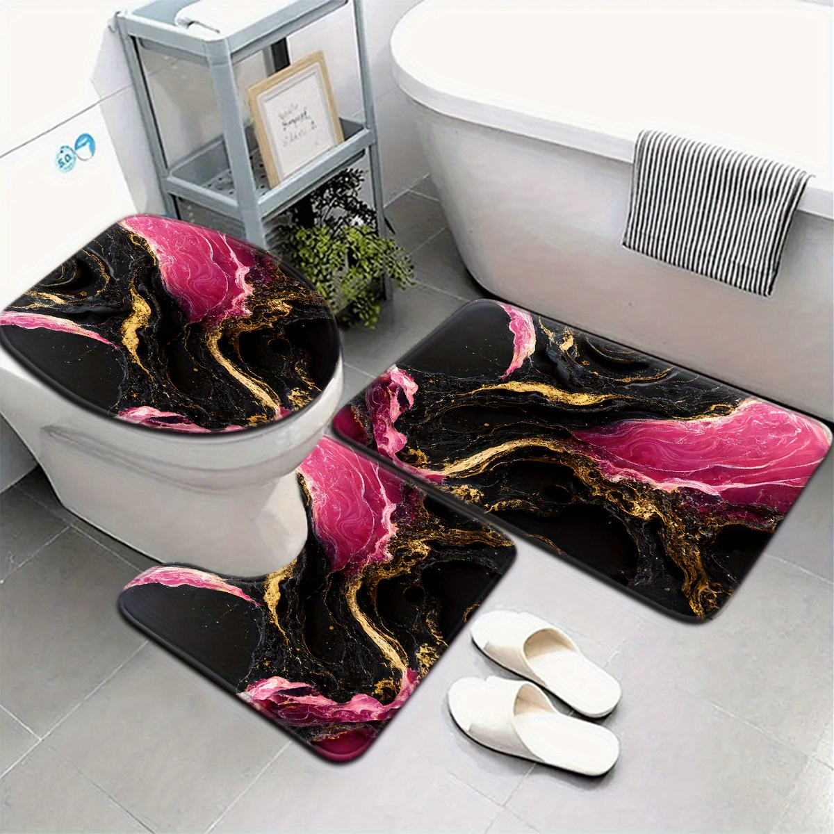 TEMU 3pcs/4pcs Set Of Bathroom Mats In Fuchsia And Black Marble Pattern, Including Toilet Seat Cover And Rug, U-shaped Foot Mat For Bathroom Decor