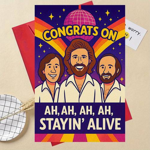 a humorous gift card suitable for friends and colleagues to birthdays graduations or recoveries featuring a 70s disco theme and a design complete with an envelope