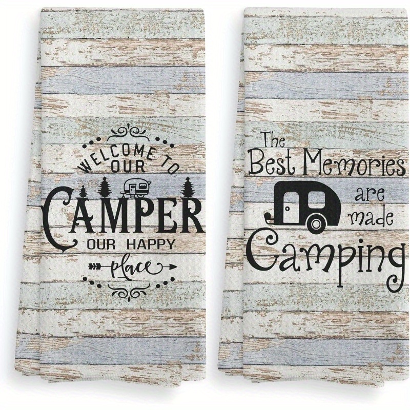 

2pcs, Hand Towels, Welcome To Our Camper Camping Theme Kitchen Towel, Rustic Farmhouse Style Decorative Dishcloth, Tea Towel For Holiday, Kitchen Supplies, Room Decor