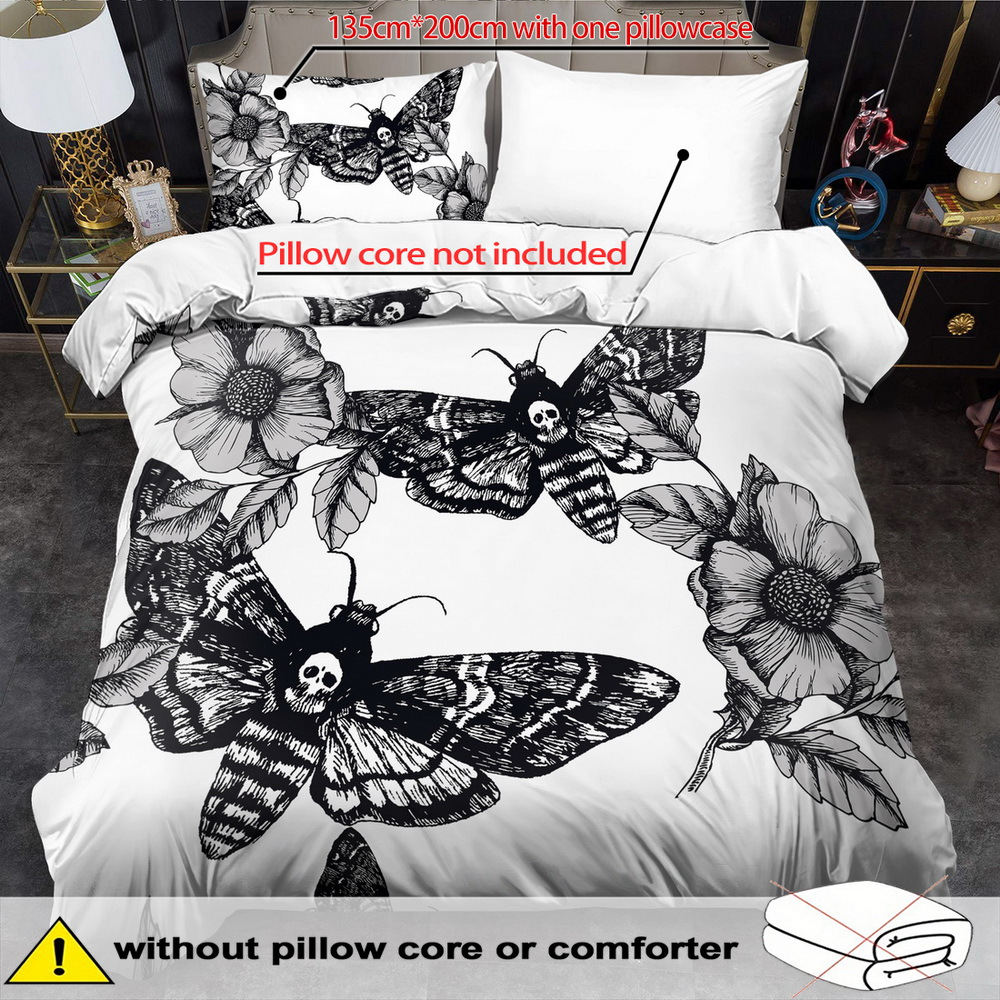 E-shop Bettbezug-Set mit Totenkopf- Mottenmotiv – 2/3-teilig, weich, bequem atmungsaktiv, Bettwäsche mit Totenkopf- Mottenmuster-Druck, Bettbezug-Set