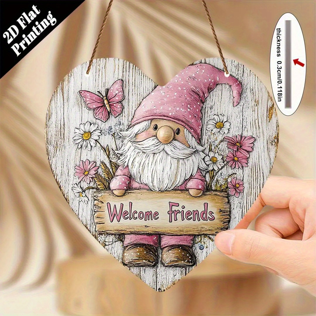 E-shop 2D Flach, 1 Stück Rustikales Willkommensschild mit Gnom & "Welcome Friends" Herz-Ausschnitt – Künstliches Recycling-Holz Wandmontierter