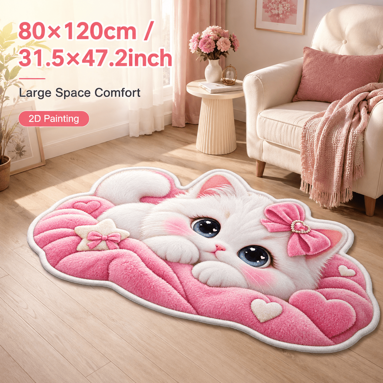 TEMU 2d Flat, 1pc 2d Velvet Bathmat 850g/m2, Pink Heart Cloud With Bow And Little White Cat, Suitable For Bedside Mats, Entryway Mats, Living Room,