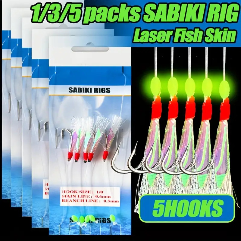 TEMU Lot de 6 Sabiki - de pêche au peau de poisson laser avec perles lumineuses, leurre d'insecte volant , idéal pour le , noir, , , | 5 hameçons par