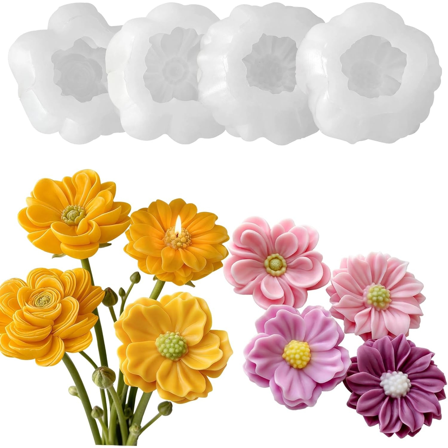 TEMU Set da 4 stampi in silicone 3D adatti per resina epossidica, e lavori con argilla - Stampi riutilizzabili a forma di peonia, , , ranuncolo per