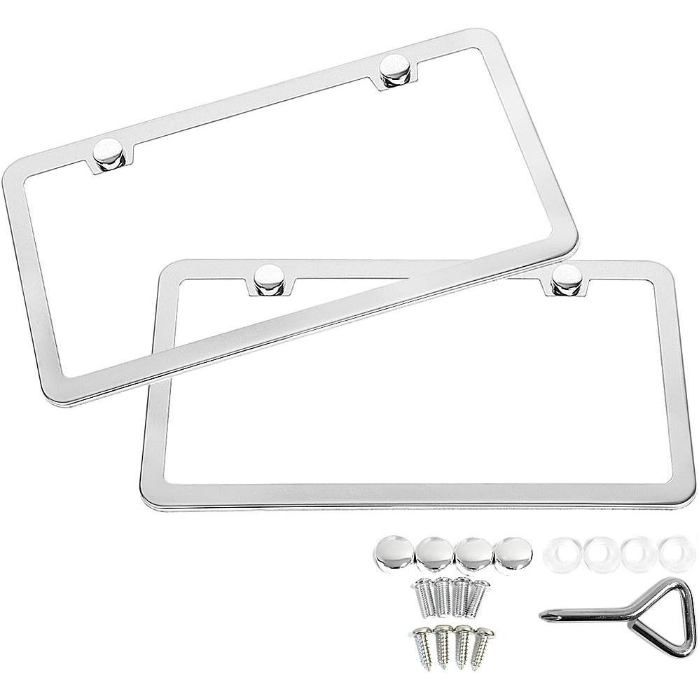 

2 Stainless Mirror License Plate Frame + Screw Caps