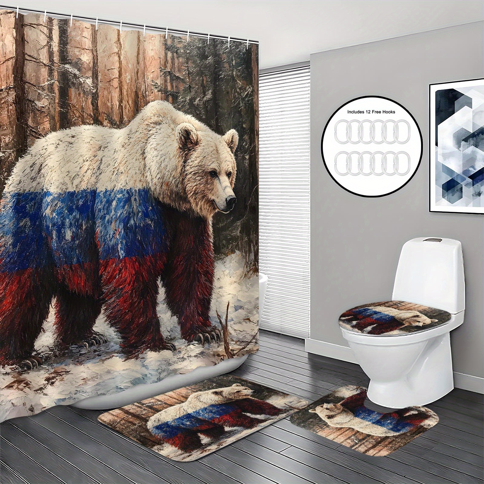 

1/3/4pcs Bear Shower Set, Bathroom , , Toilet U Mat And Toilet Lid Mat, Bathroom Accessories,