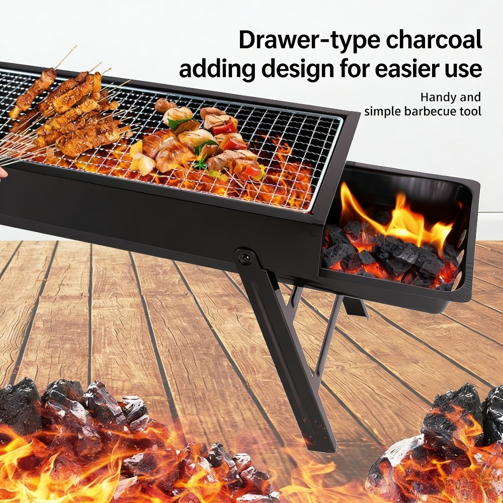 Portable Charcoal Grill, Foldable Barbecue Grill with Grilling Set, Suitable Outdoor Smoking Barbecues at Camping, Picnics, and Backyard Patios.23.6-inch Black Grill, Includes Skewers, Brush, and Tongs