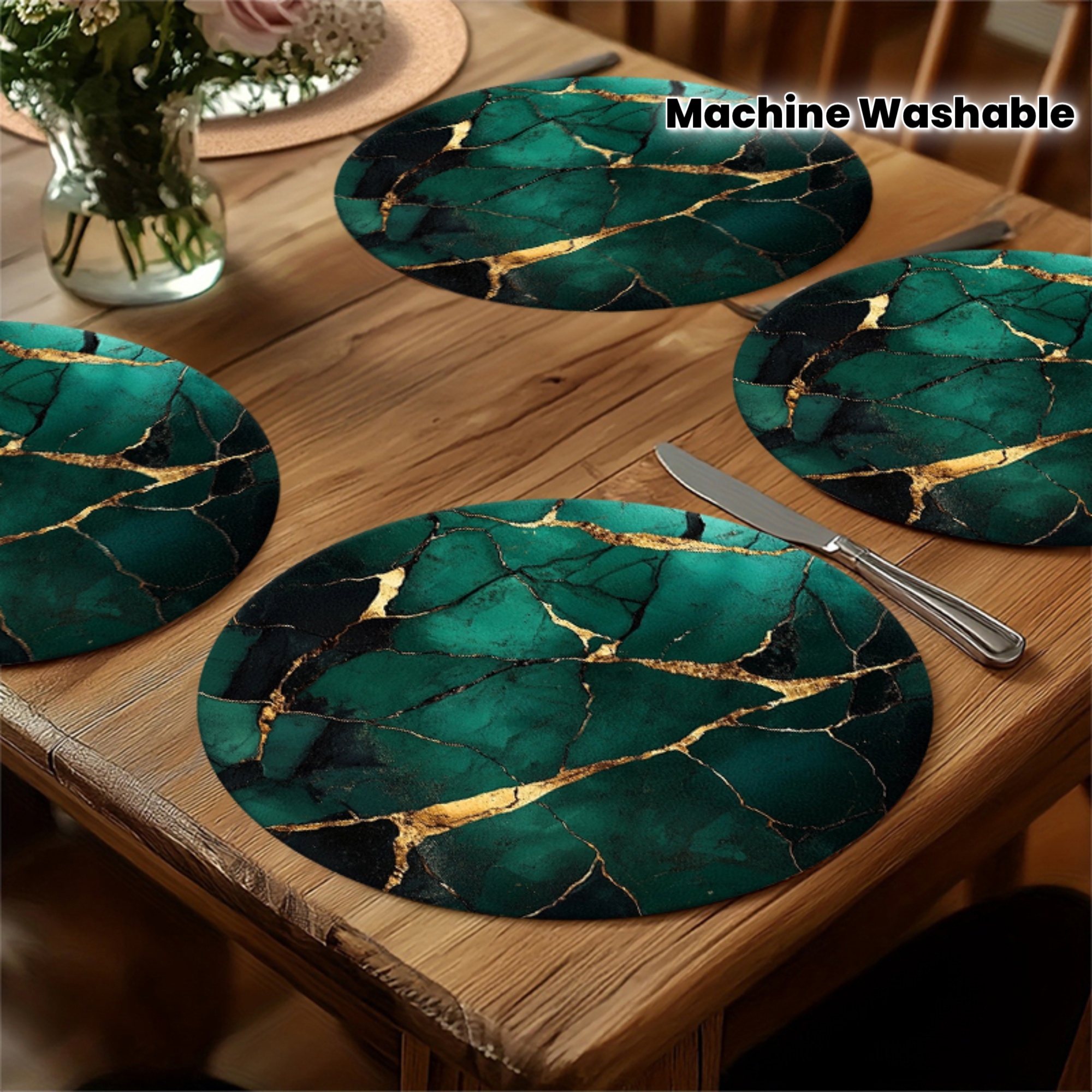 TEMU 2D Plat, 6 stuks Groen en Gouden Verweven Barsttextuur Placemats | Geschikt voor Keuken- en Eettafeldecoratie, Wasbaar, 2D Plat