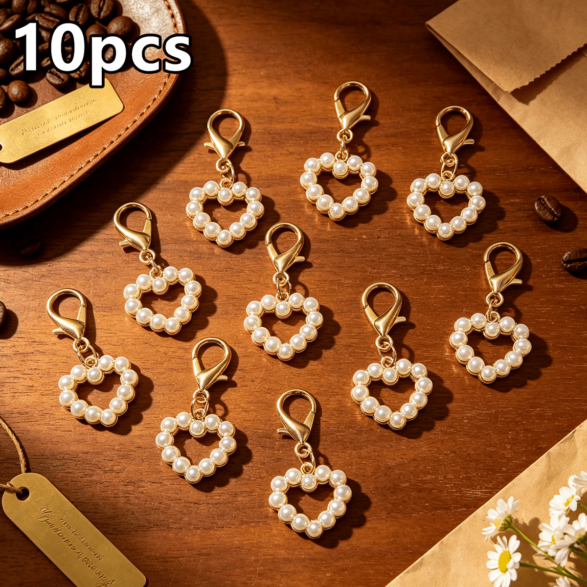 TEMU 10pcs, Mini Porte-clés de Cœur, Pendentif Cœurs Ornés de Perles Simulées, Charme de Sac de Clé de Voiture, Cadeaux de Fête de Mariage, Noël,
