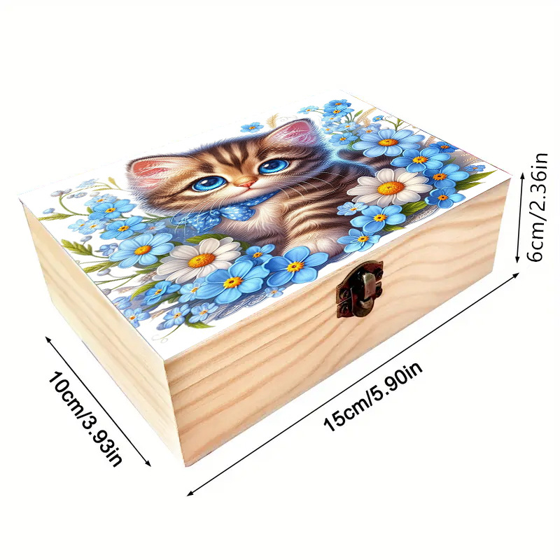 TEMU A Wooden Storage Box With A Cat And Floral Pattern, Featuring A Lockable Lid. This Multifunctional Organizer Serves As A Jewelry Box And Is
