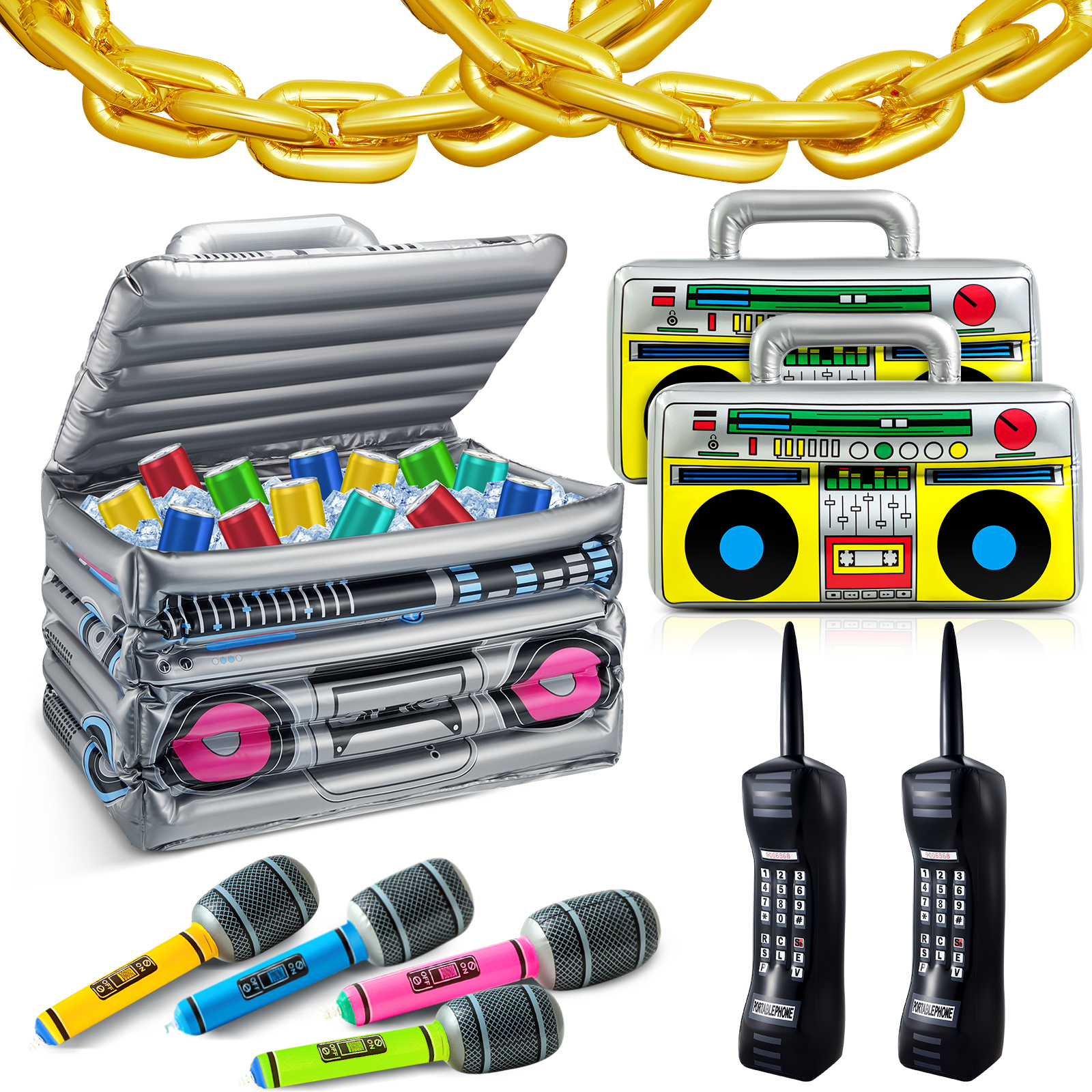 29pcs 80s 90s party decorations   inflatable boom box beverage cooler 20   chain balloons 2 mobile phones 2 radio boombox 4 microphones for hip hop theme supplies cosplay props