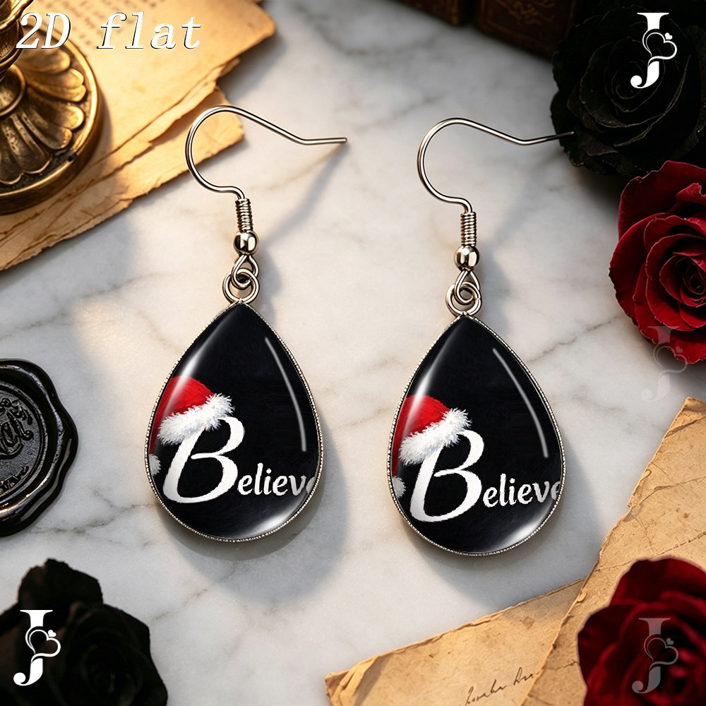 Teardrop Dangle Earrings with Santa Hat Text, Handmade Gift