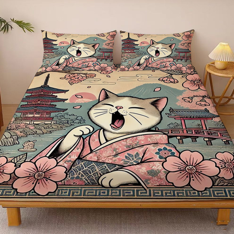 TEMU 1 Drap-housse à motif de chat en kimono et paysage japonais de des cerisiers en fleurs, drap-housse à poche profonde simple, drap-housse