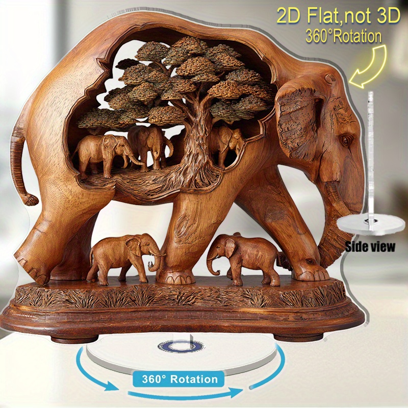 TEMU 2d Flat, 2d Flat Rotating Elephant Desktop Ornament - Mother And Child Sphinx, 360° Rotating Base, Acrylic Home And Office Decoration - Wildlife