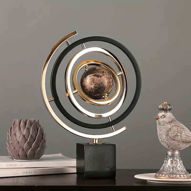 Elegant Black & Golden Metal Globe Sculpture with 360° Rotation