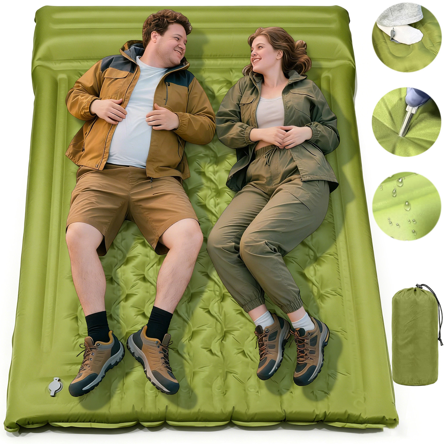 2-person Camping Inflatable Sleeping Pad With Built-in Foot Inflator And Attached Pillows, Portable Sleeping Pad For Hiking Fishing Outdoor Use