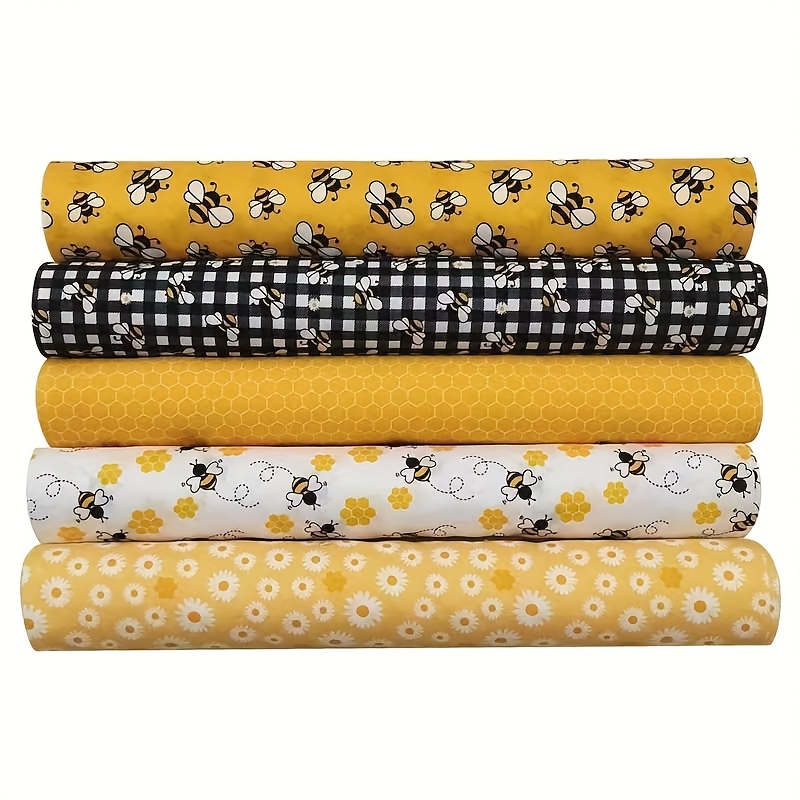 TEMU 5pcs Of Fabric With Bee And Daisy Prints, Pre-cut Into Squares, Designed With Honeycomb And Floral Patterns - Perfect For Sewing And Craft