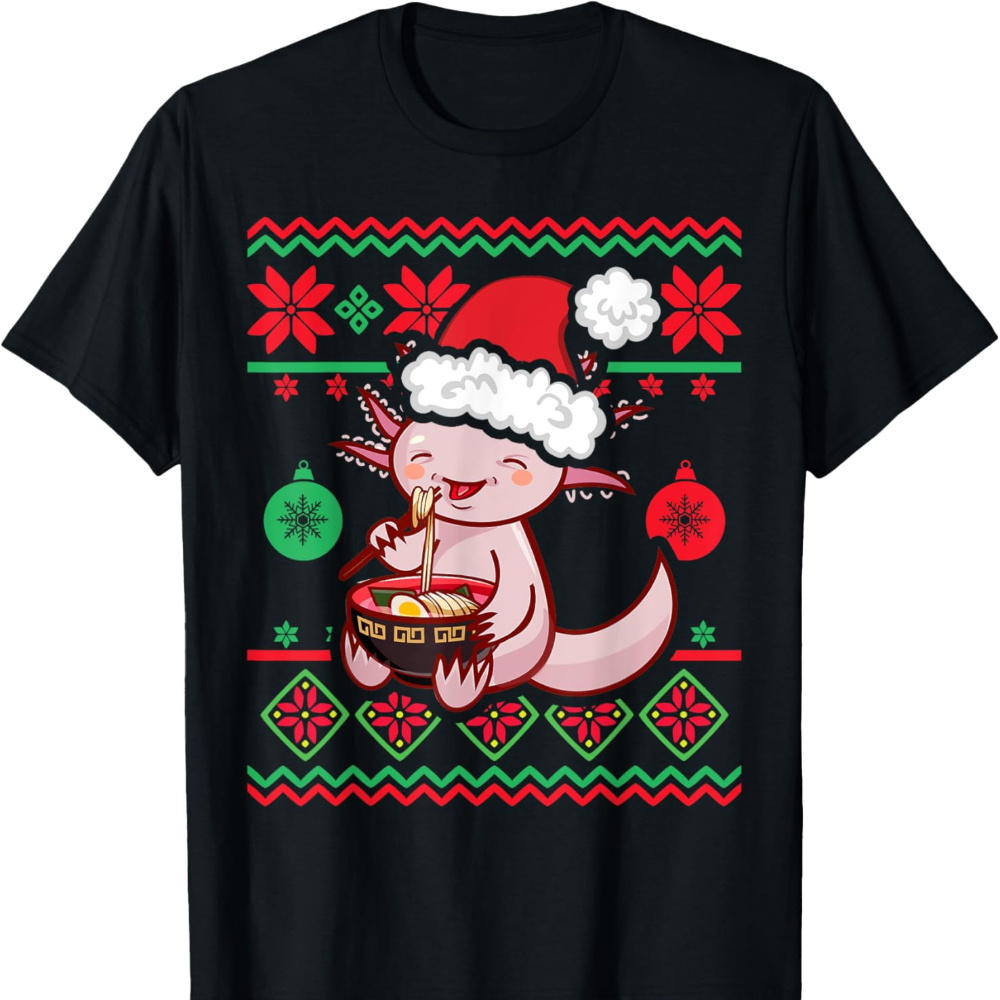 

Ugly Anime Christmas Sweater Kawaii Axolotl Eating Ramen T-shirt Youth, Soft Fabric, Breathable, Comfortable Short Sleeve Tees Birthday Gift To Teens