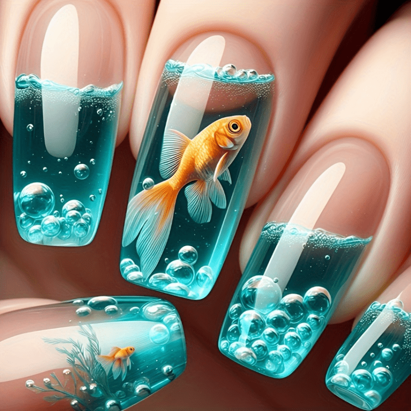 TEMU 48pcs 3d Goldfish Press On Nails - Square Medium Length False Nails For Women And Summer, Glossy End With Jelly Glue & Nail File, & Tank Design