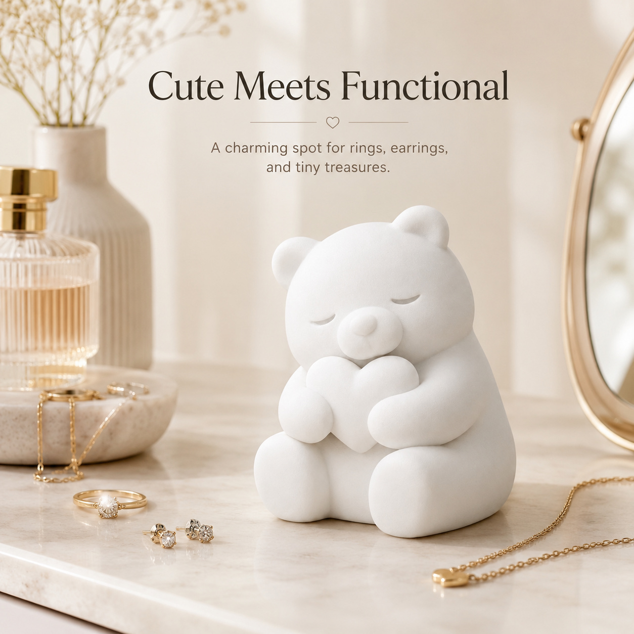 Image of White And Black Cute Bear Holding Heart Figurine, Cozy Minimalist Home Decor Accent For Bedside Dresser Shelf Desk, For Valentine's Day And Bear Lovers