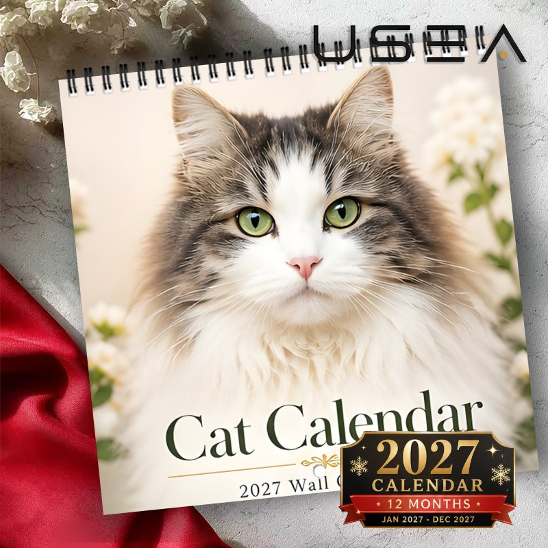 TEMU Calendrier mural 2027, 1pc Calendrier mural sur le thème des chats 2027, Calendrier suspendu 12 mois avec reliure spirale à double fil, Grands