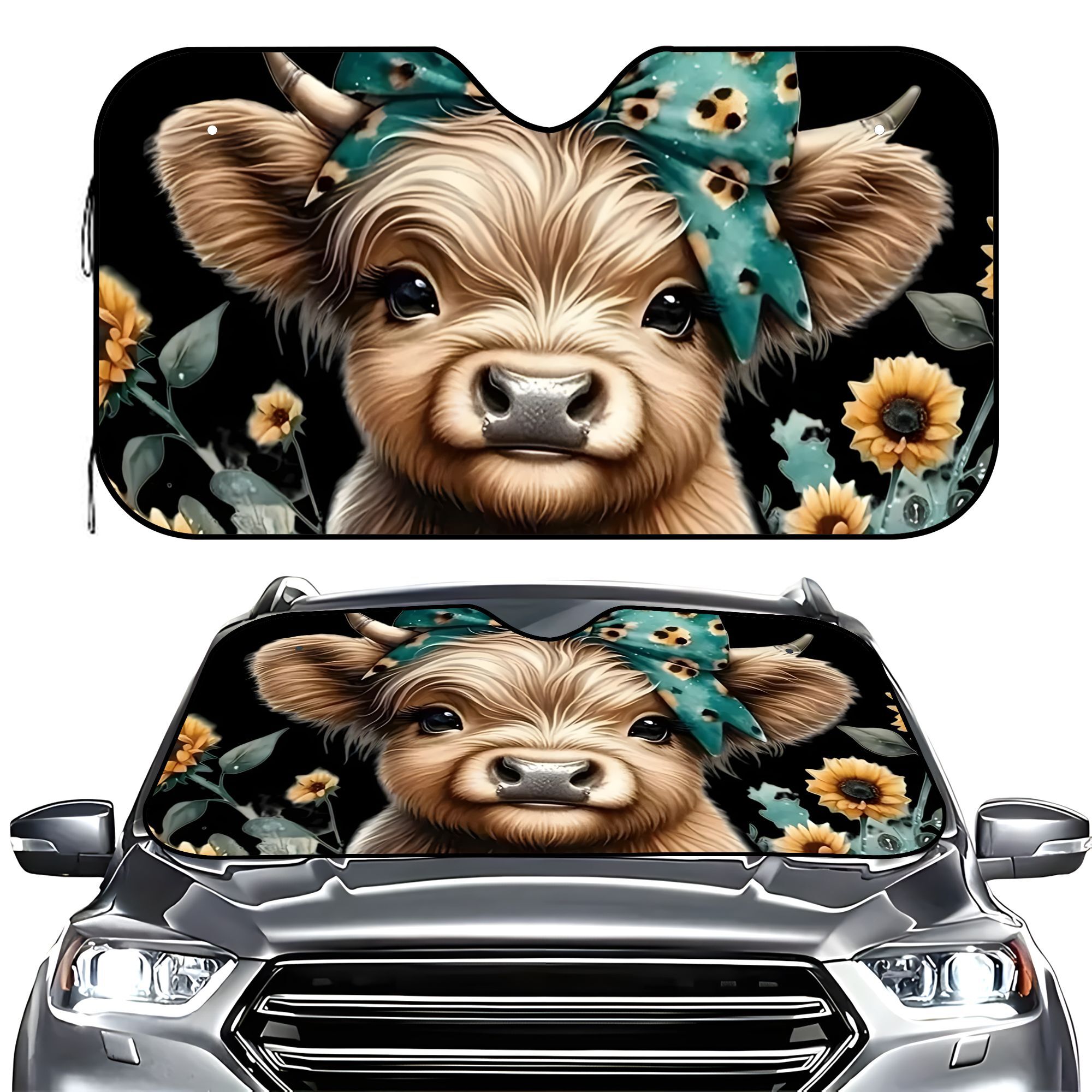 TEMU 1pc Highland Cow Sunshade, Uv Protection And Scratch-resistant Universal Windshield Cover With Cooling Effect, Protects Car Interior Damage,