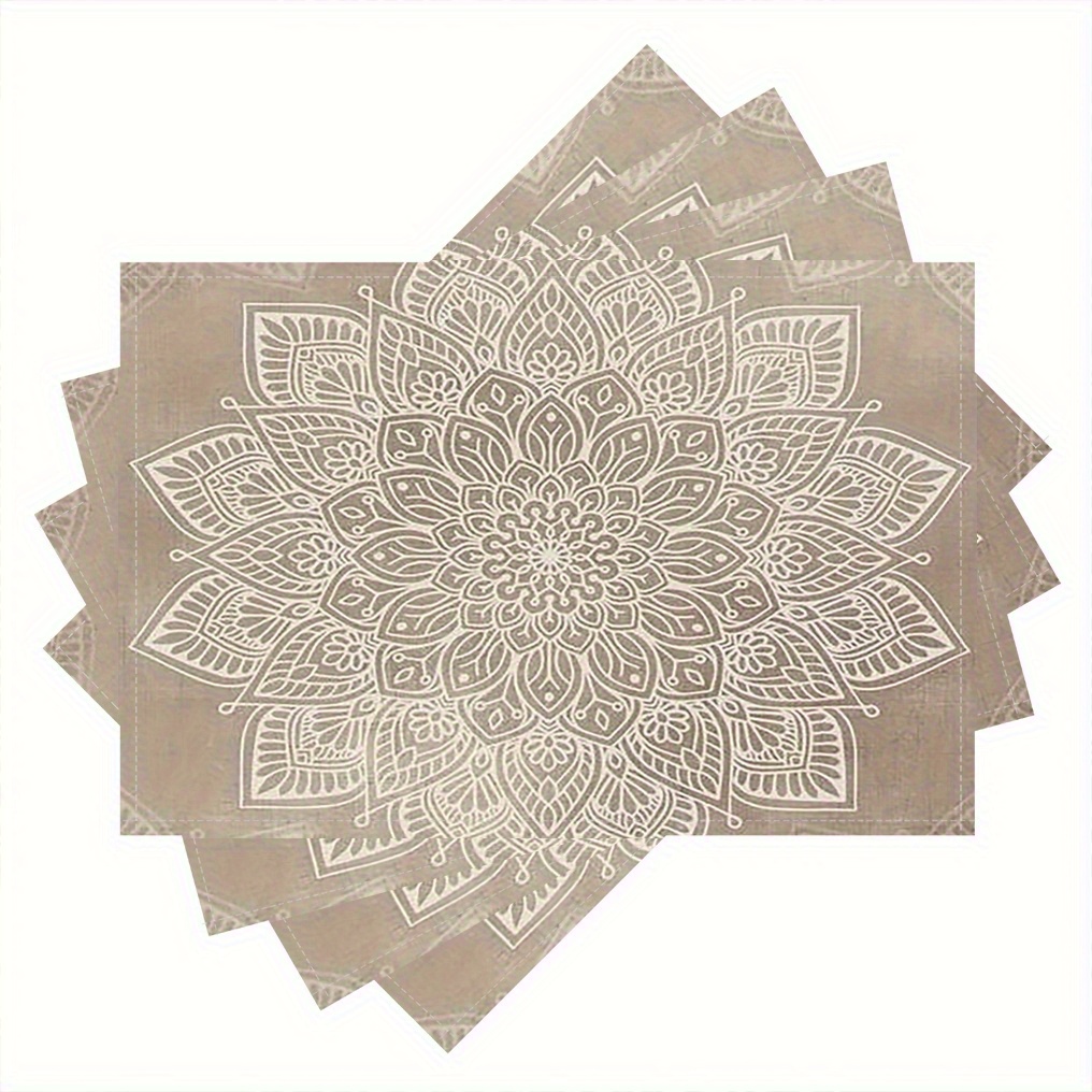 Image of 4pcs Bohemian Style Table Mats, 12x 18inch, Linen, Single-sided Printing, Beige, Square, Washable, Suitable For Home, Kitchen, Dining Room, Restaurant Decoration Dblxin4447