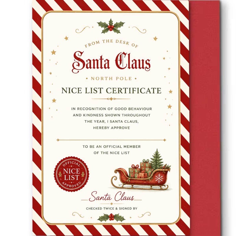TEMU 2d Flat 1pc Exquisite Santa Claus Certificate Of Christmas Greeting Card, With A Red And White Striped Border, Featuring A Sleigh And Gift Box,