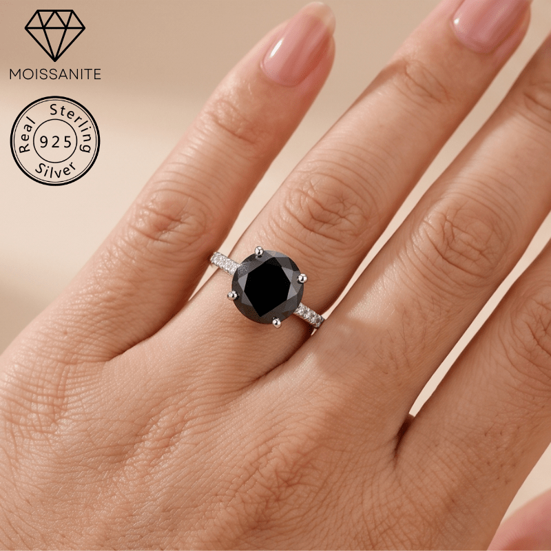 Women's 1/2/3/5 Carat Elegant Black Moissanite Four-Claw Ring in 925 Silver