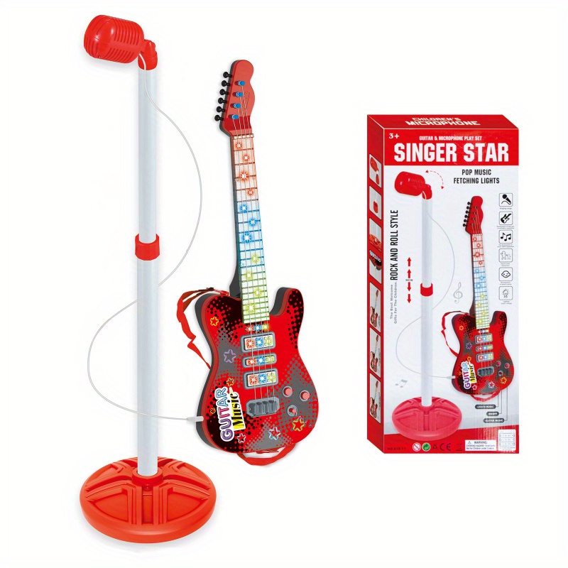 Guitar And Microphone Play Set for Girls Boys, Karaoke Machine with Music&Light, Microphone Toys with Stand, Adjustable Height Guitar Toys for Kids Valentine's Day Mother's Day Children's Day New Year Birthday Gift
