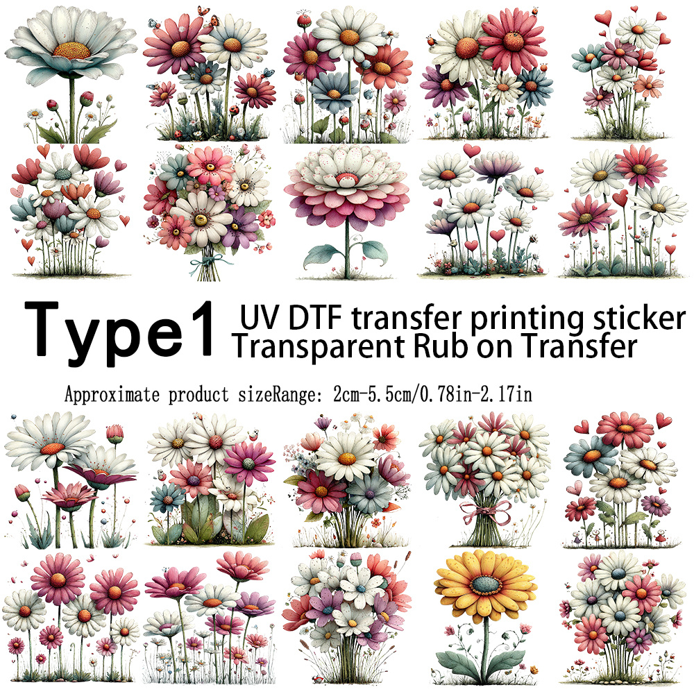 TEMU Self-adhesive Uv Dtf Transfer Stickers Suitable For Scrapbooking, Journals, Cards - Spring Chrysanthemum Flower Sheets With Glitter, Irregular
