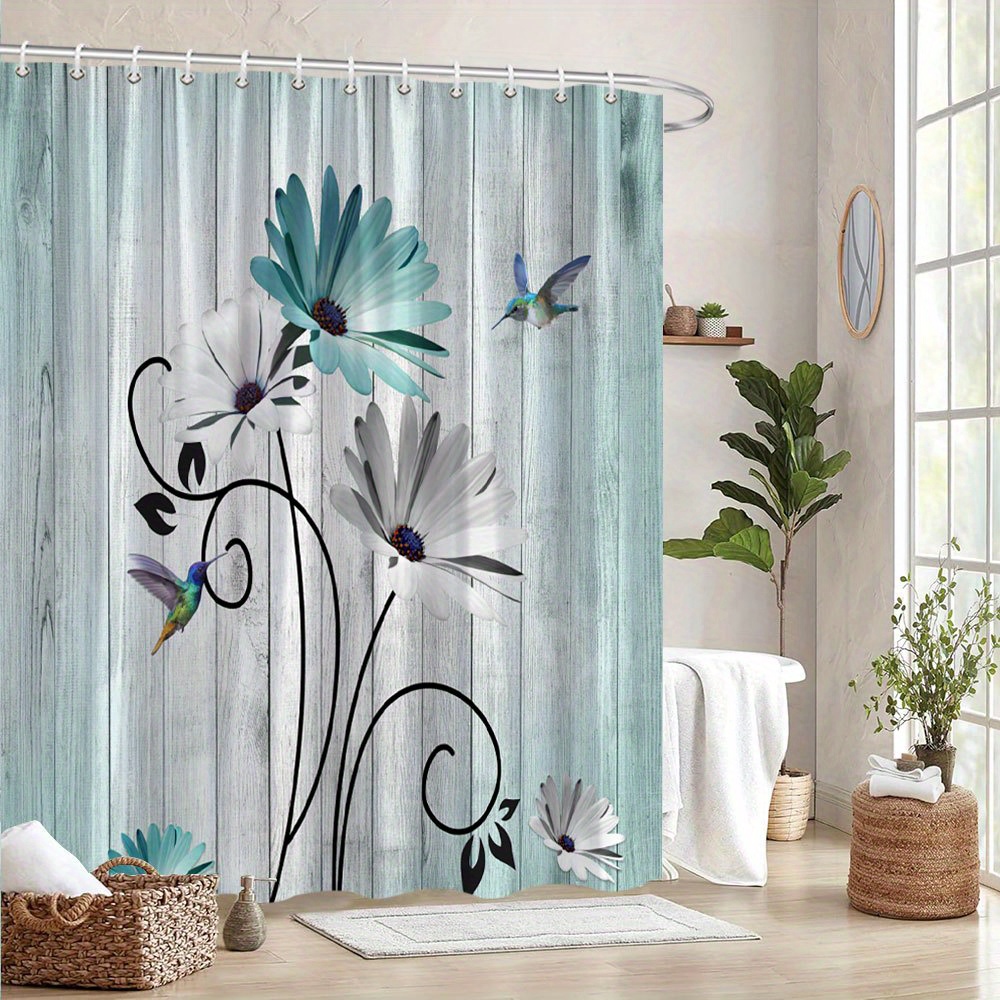 TEMU Rideau de Douche à et Fleurs 1pc - et Vibrantes avec Des Noirs Tourbillonnants, Motif Vert Animé, 70x70 Pouces, Comprend 12 Crochets, Tissu en
