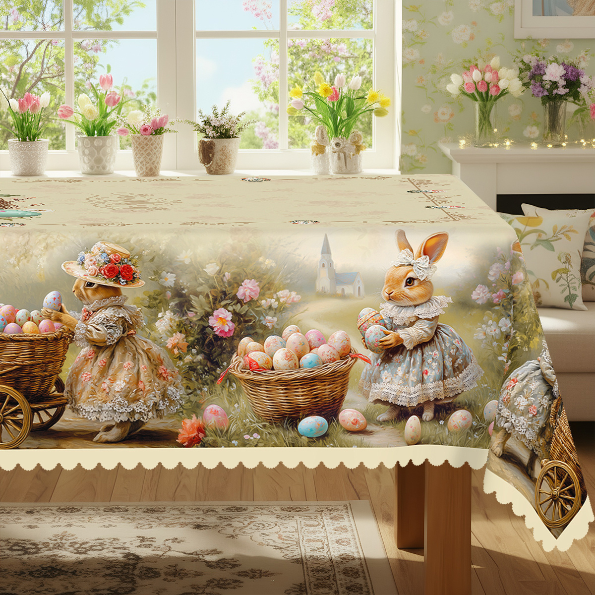 TEMU 1pc Easter Tablecloth With Bunny Bow, Colored Eggs & Floral Print - Spring Colors, Scalloped Edge Round/rectangular/oval Table Suitable For