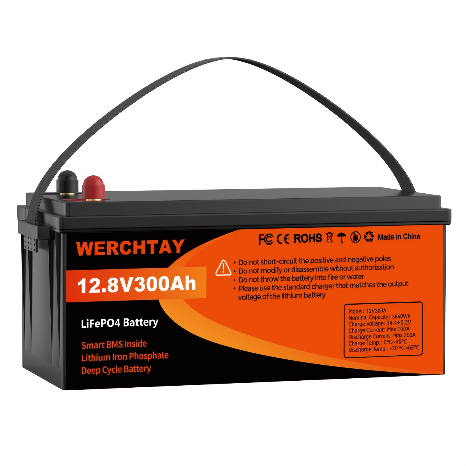 TEMU Batterie WERCHTAY 12,8 V LiFePO4 300/200/100 Ah, équipée de cellules de batterie de qualité A+, plus de 25 000 cycles , protection BMS
