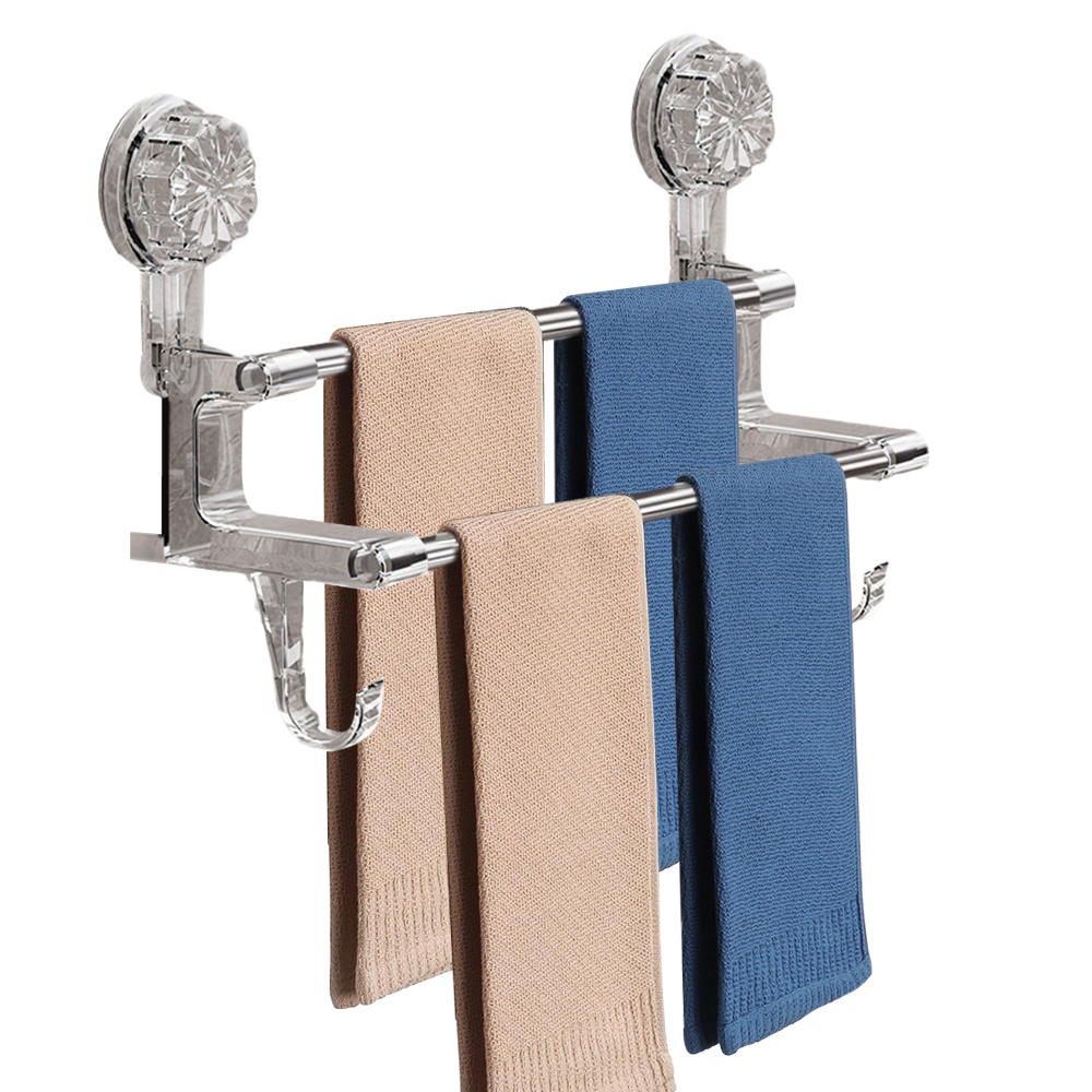 Suction Cup Towel Bar - Adjustable Stainless Steel Towel Rack For Bathroom (13.77inch-27.55inch), Wall Mounted No Drilling For Double Rod Towel Holder Bathroom Accessories