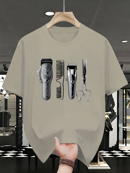 mens barber tools graphic t shirt black white hair clipper scissor short sleeve tee lightweight summer round neck washable regular fit casual attire barber shop apparel detailed print shirt comfortable fabric