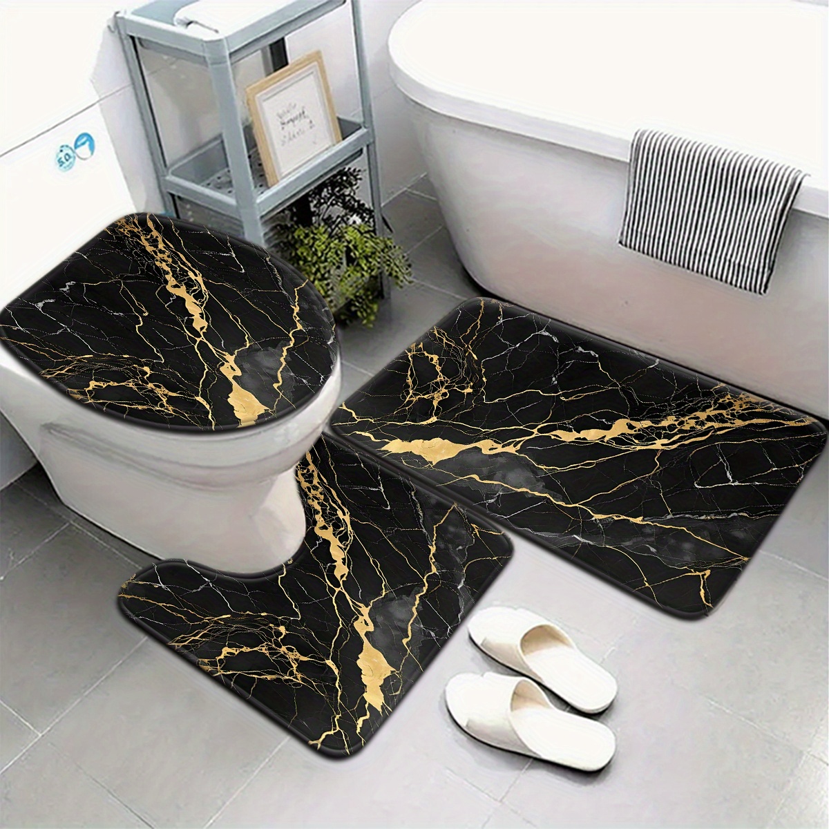 E-shop Öffnendes 3-teiliges/4-teiliges Badezimmermatte-Set mit schwarzem Marmormuster, Toilettendeckelmatte und Teppich, Badezimmerdeko, U-förmige