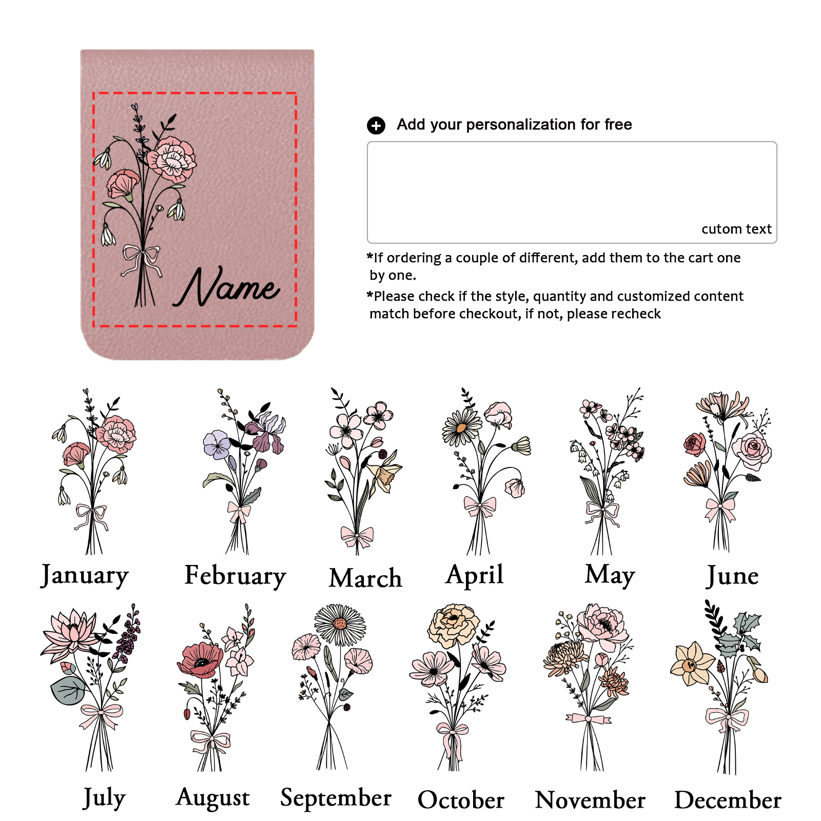 TEMU 1pc Personalized Magnetic Bookmark - Name & Birth Month Flower Pu Leather Book Mark With Magnetic Closure, Elegant Monogram Bookmark For Women,