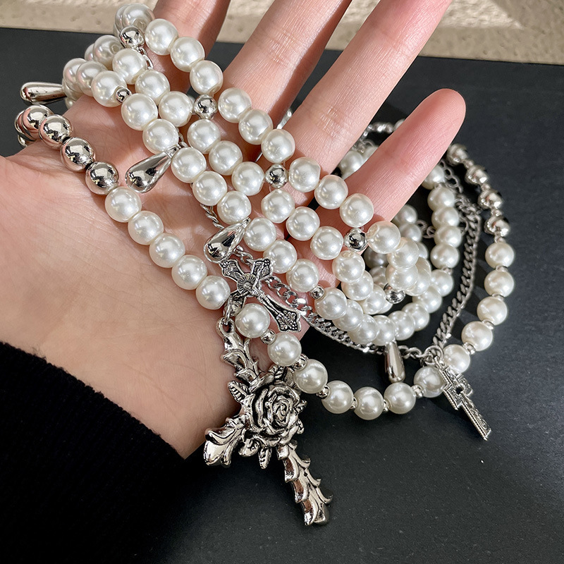 3pcs vintage boho style imitation pearl necklace set with alloy cross pendant for and gift giving occasions details 1