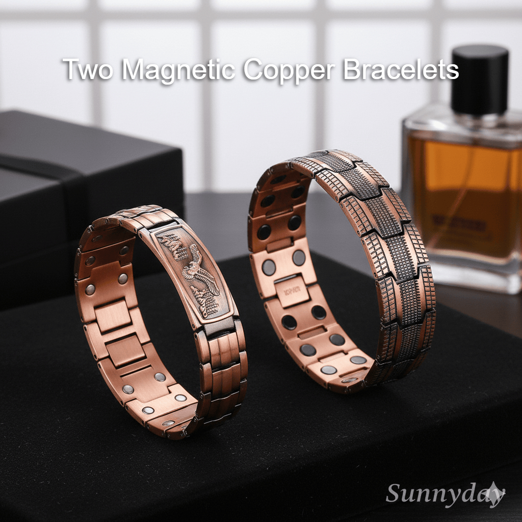 E-shop 2er-Set Herren Vintage-Armbänder aus magnetischem Kupfer, mit zwei unterschiedlichen Stilen: eine Adler-Schnitzerei ein modernes, strukturiertes