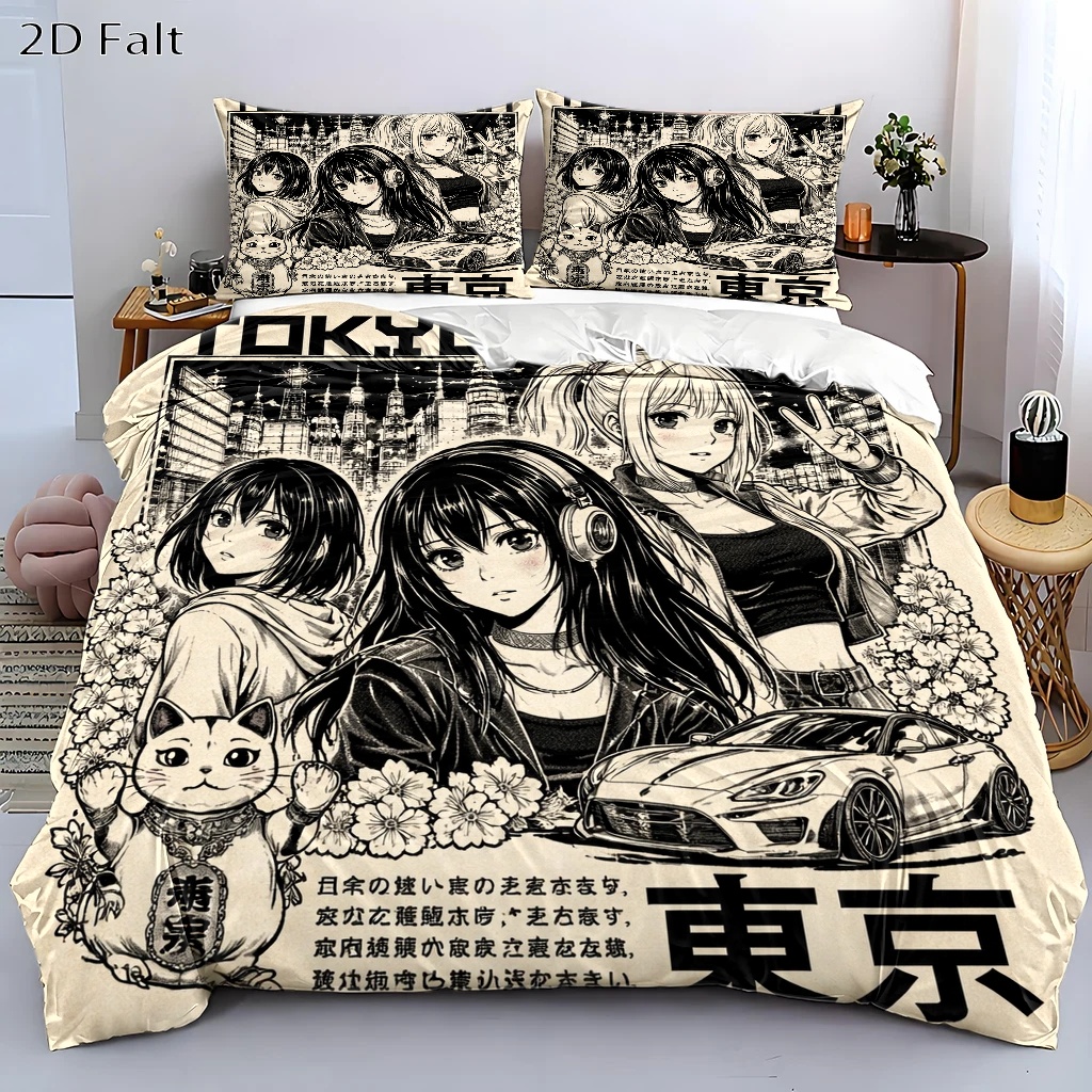 TEMU 3pcs Japanese Tokyo Anime Girl Duvet Cover Set, Bedding (1 Duvet Cover   2 Pillowcases), Suitable For , Machine Washable, With Hidden Zipper,