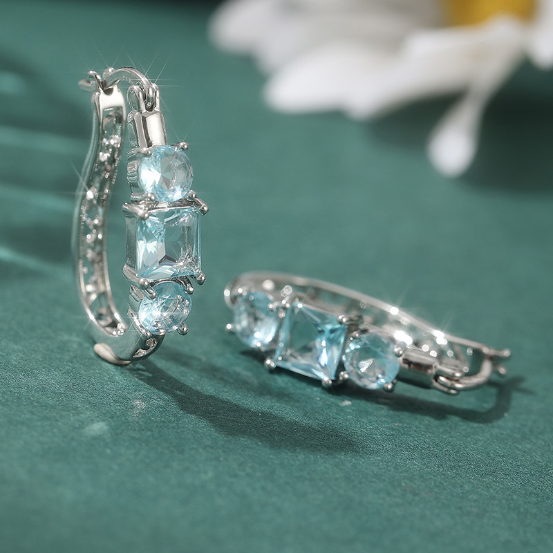 Women's Luxurious Small Hoop Earrings with Blue Synthetic Zirconia