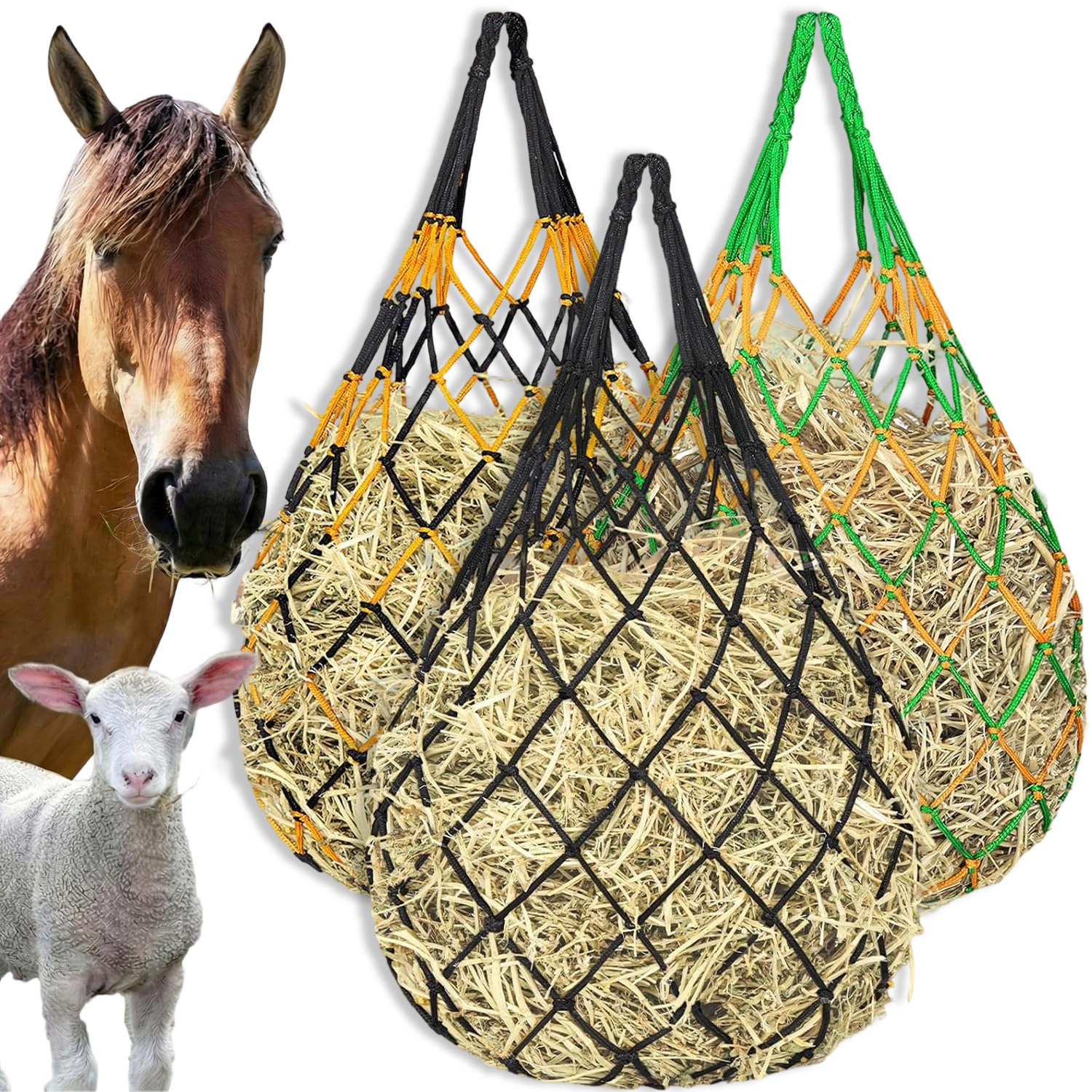 3pcs Slow Feed Hay Net With 80cm Size, Sturdy Mesh Bag For Livestock Feeding And Hay Storage