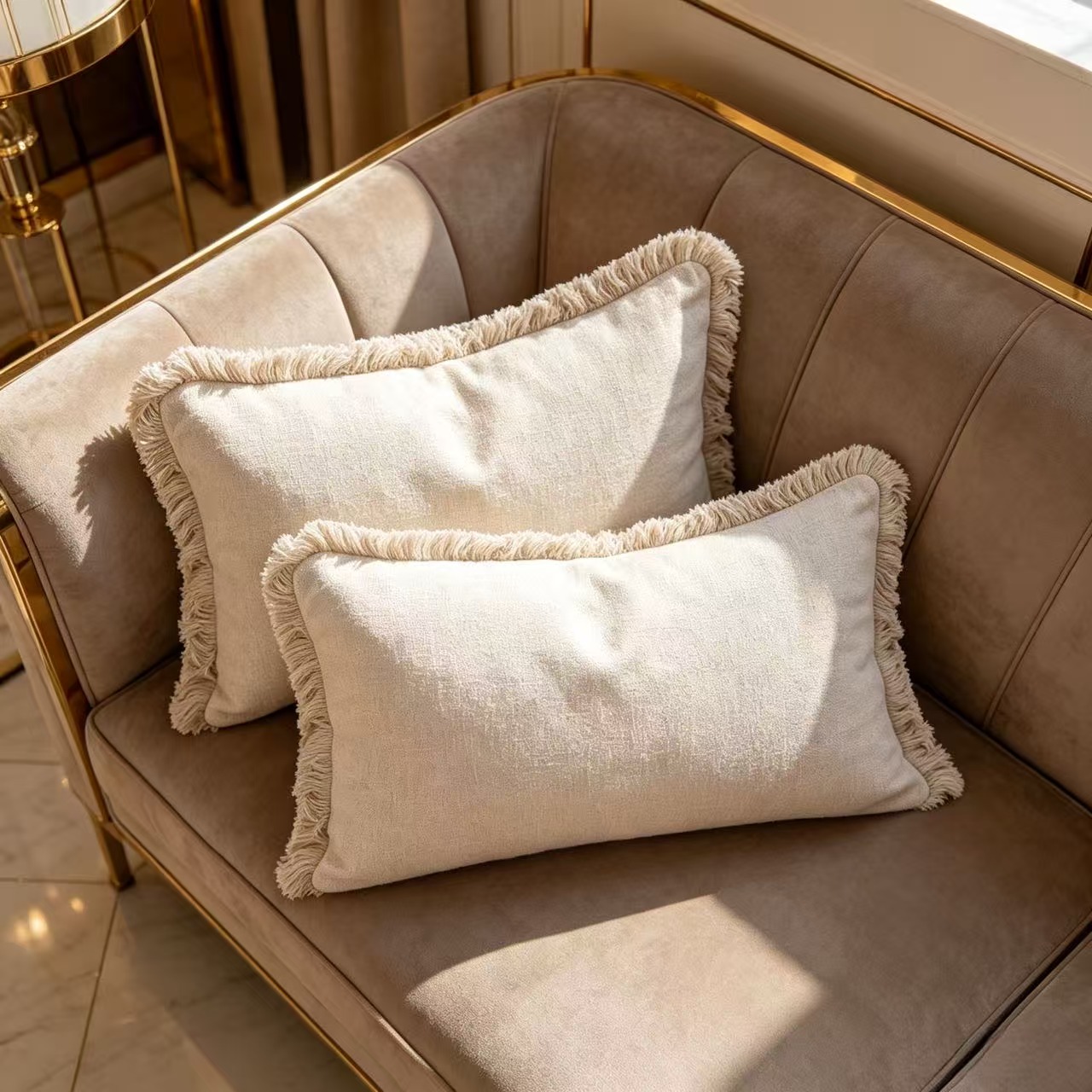 TEMU 2pcs Tassel Lumbar Pillow Set, Featuring A Low- Beige Hue With A Sophisticated Feel. The Details Add A Relaxed, , A Gentle Texture That Without