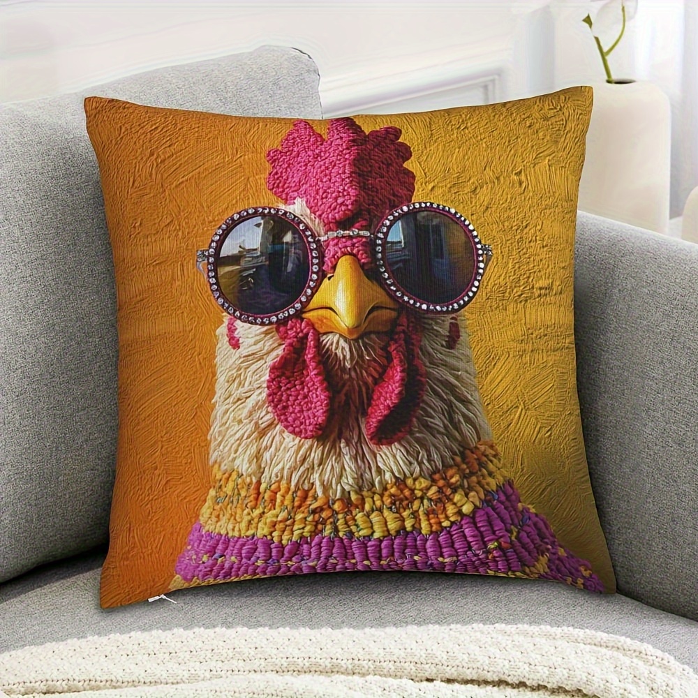 TEMU 1pc Vintage Style Bright Chicken With Pink Glasses Pillowcase, 45.72x45.72cm, Soft And Smooth Polyester Short Plush Fabric, Single-sided Printed