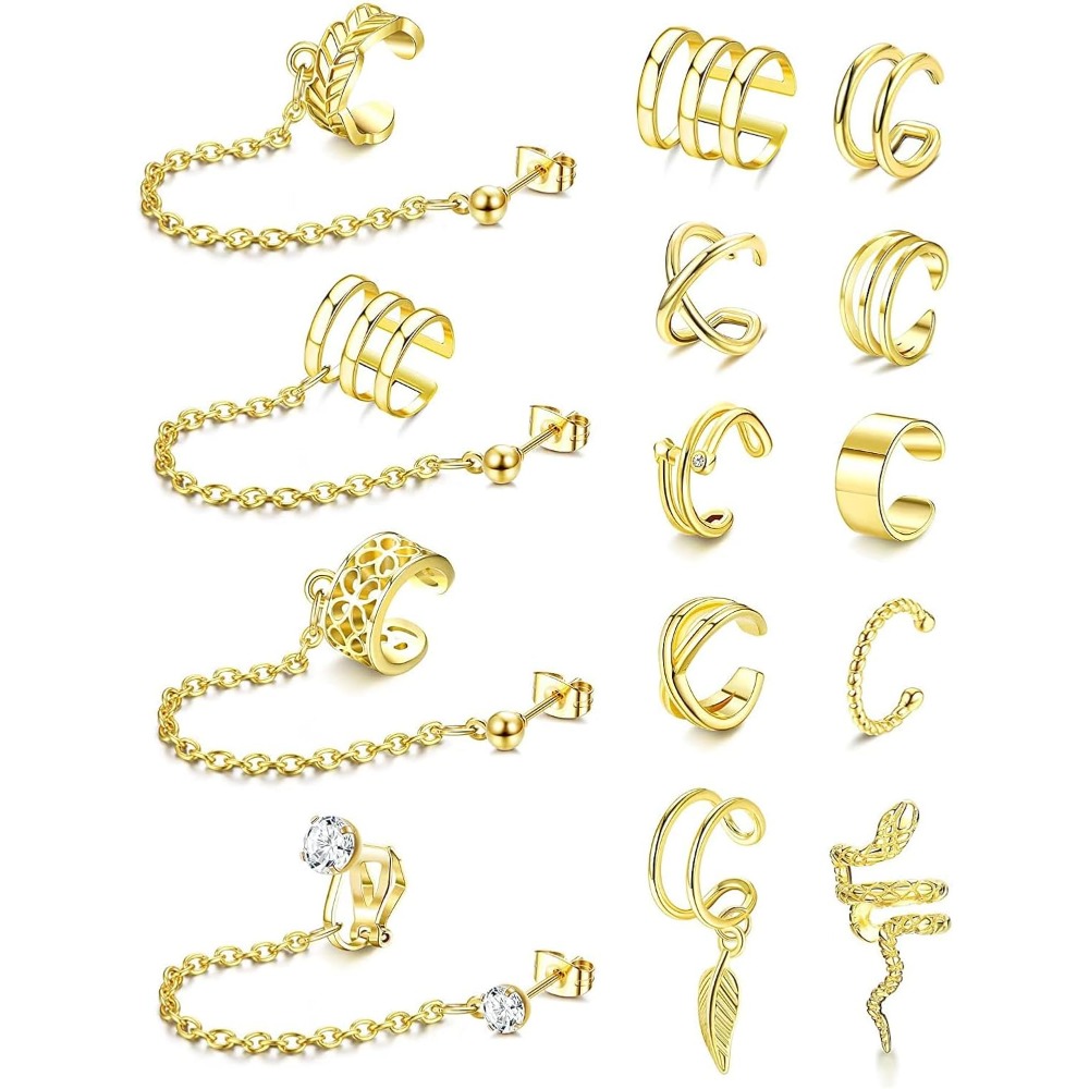Image of 14pcs Ear Cuff Earrings Chain Earrings Clip On Wrap Earrings Adjustable Ear Cuff Earrings Set Golden Silvery For Non Pierced Look