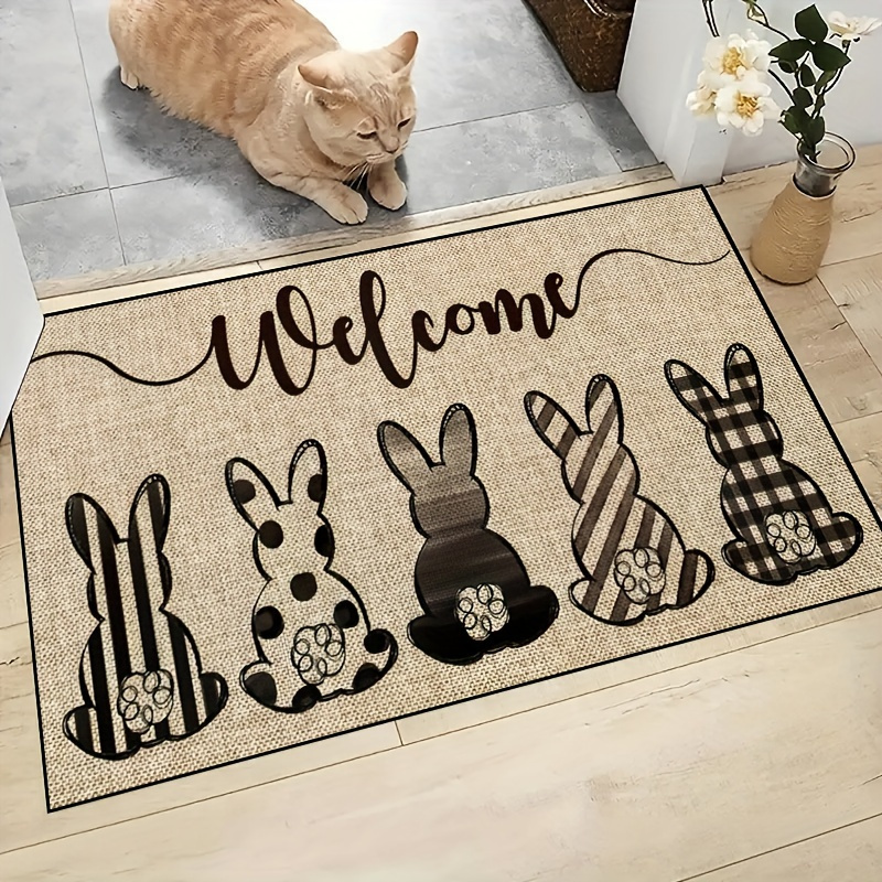 

Easter Welcome Doormat With 5 Black Rabbits, Non-slip Backing, Hand Washable, Stain & Wear Resistant Polyester Fiber Mat, For Indoor, Entryway, Bedroom Decor, Ideal Holiday Gift