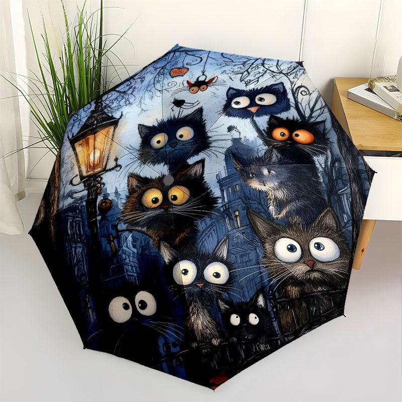 Image of 1pc Cat Gathering Automatic Folding With 8 Ribs Lightweight Retractable Compact Umbrella For Outdoor Accessory Perfect As Festival Gift For T42