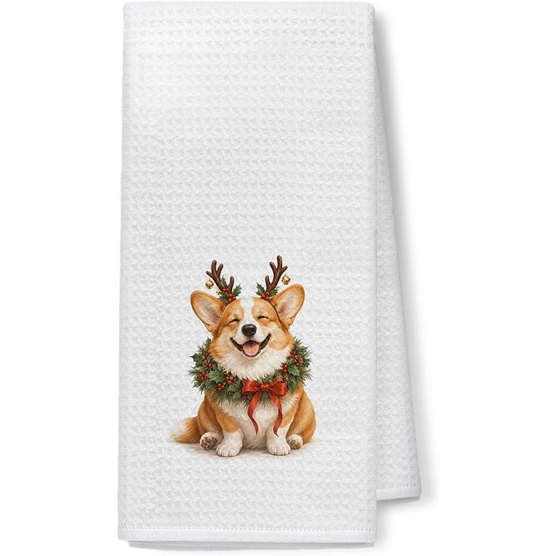 TEMU 1pc Christmas Kitchen Towel, Gift Dish Towel, Fun Christmas Red Bow Wreath Reindeer Dog Kitchen Bathroom Decor Towel, , Gift For Mom